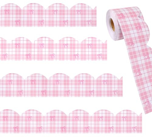 Wingbind Pink Plaid Bulletin Board Border 65Ft Classroom Display Board Trim | Checkered Backing Paper for Display Board, Scalloped, 100 Glue Dots, Waterproof Paper, for Wall Locker Door Classroom Decor