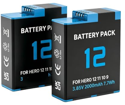 Confezione da 2 batterie di ricambio da 2000 mAh per GoPro Hero 12 11 10 9, 3,85 V 7,7 Wh, ad alta capacità, compatibile con AHBDT-901D, potenza di lunga durata per action camera