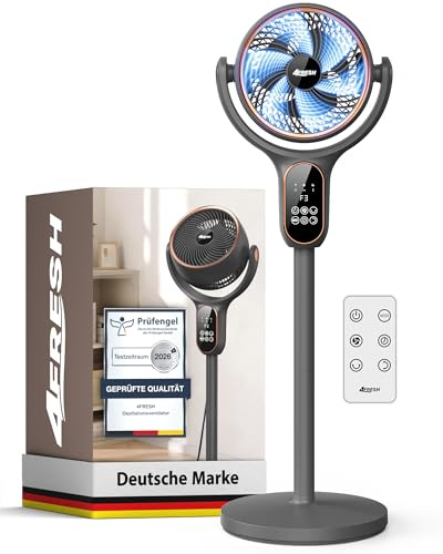 4FRESH Luftzirkulator Standventilator, 70° horizontal und 90° vertikal oszillierend, max. 6,6 m/s, 6 Windstufen, 3 Modi, 12h Timer, Fernbedienung inkl. Knopfzelle, 2,2 m Netzkabel, Grau