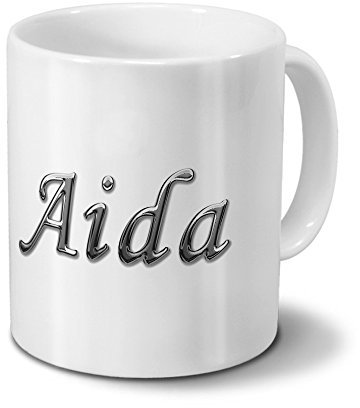 printplanet Tasse mit Namen Aida - Motiv Chrom-Schriftzug - Namenstasse, Kaffeebecher, Mug, Becher, Kaffeetasse - Farbe Weiß
