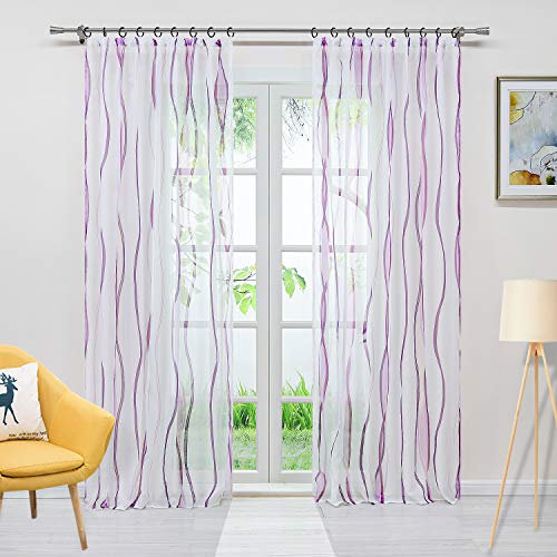 Delien Voile Gardine mit Streifen Design transparenter Vorhang mit Kräuselband Wohnzimmer Gardinenschals BxH 140x225cm Violett, 1 St.