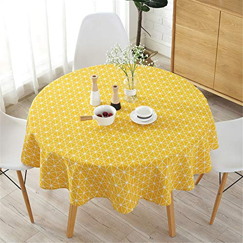 Table Cloth Round Wipe Clean, Treer Cotton Linen Simple Geometric Nordic Circular Tablecloth Wipeable Dust-Proof Table Cover for Kitchen Dining Room Party Indoor Outdoor (Yellow,Diameter 120cm)