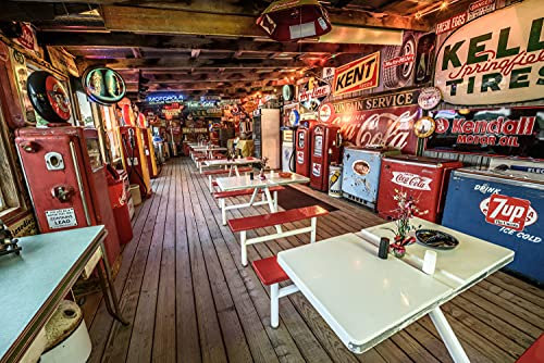 ROUTE 66 Fototapete VLIES-400x260 cm (4527A)-Vintage Tankstelle Retro Cars American Diner Wandtapete-Inkl. Kleister-Vliestapete Bild Dekoration Wand-Dekor Moderne Motiv-Tapete Panorama Poster XXL