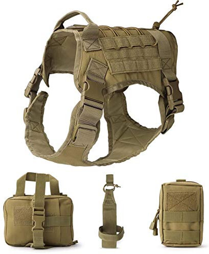 HXSZWJJ Tactical Service Dog Modular Harness Patrol Hundeweste Jagd Molle Westen Mit Beutel Tasche Und Wasserflasche Tragetasche (Color : Khaki, Size : XL)