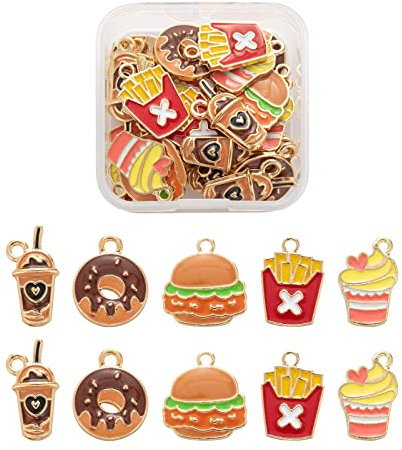PandaHall 30pcs Food Theme Zinc Alloy Enamel Charms Pendants Cupcake Donut Chips Hamburger Milk Tea Cup Metal Dangle Charm Beads for Necklace Earring Jewelry Making, Food & Drink-5 Styles