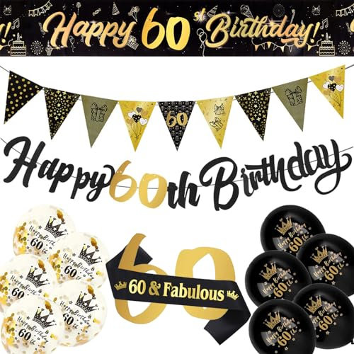60th Birthday Decoration Kit, 13 Pieces Birthday Party Decoration Include Happy 60th Birthday Banner, Bunting, 12” Latex Printed Balloons, 9ft Banner for Women Men 60th Birthday Decorations Supplies