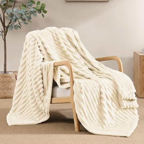 Geniospin Flanelldecke, superweicher Plüsch-Überwurf, Bettdecke, Decken, 127 x 152,4 cm, für Couch, Bett, Sofa, leichte Plüschdecke mit Streifen, gemütliche Überwurfdecke
