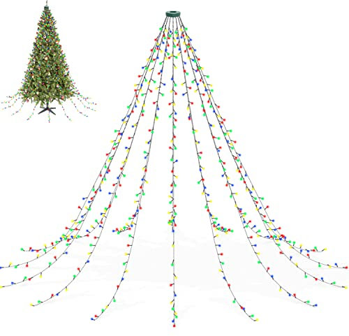 Christbaumbeleuchtung mit Ring 3m, ANEEWAY 480LEDs Weihnachtsbaum Lichterkette mit 16 Stränge Tannenbaum Lichterkette Speicherfunktion Weihnachtsbeleuchtung Lichternetz für 2.5m-3.4m Baum, Mehrfarbig