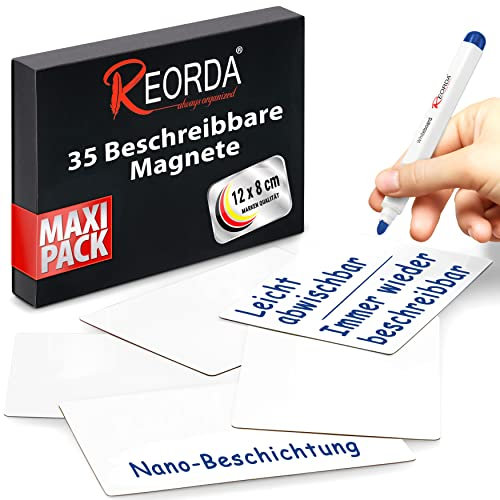 Reorda® Magnetstreifen beschreibbar - 35 Stück wiederbeschreibbar – 12 x 8 cm Weiß | Beschreibbare Magnete für Whiteboard, Kanban, Magnettafel | Beschriftbare Magnete für den Kühlschrank
