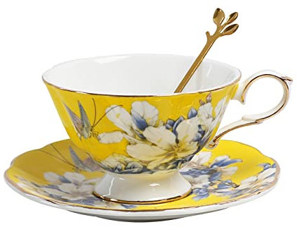 DECRZPB Tazza da caffè in ceramica fatta a mano Set tazza e piattino Set di tazze da tè e piattino in ceramica di peonia bianca Set di piattini Tazza di latte d'avena Regalo di nozze