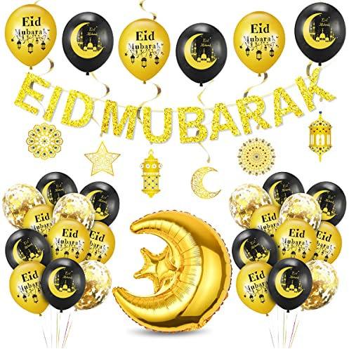 Eid Mubarak Dekoration Schwarz Gold, Eid Mubarak Ballon Luftballons, Eid Mubarak Banner Aufhängen, Stern Mond Folienballon für Eid Ramadan Mubarak Partydeko