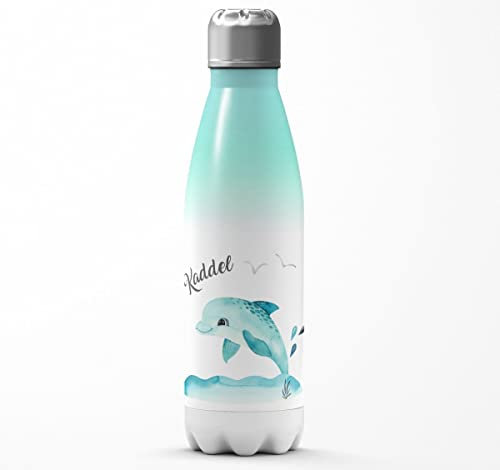 Mikalino Kinder Edelstahl Trinkflasche Niedlicher Delphin personalisiert mit Wunschname Einschulung Geschenk Geschenkideen Thermosflasche Mädchen Junge, Farbe:aquaweiss, Grösse:500ml