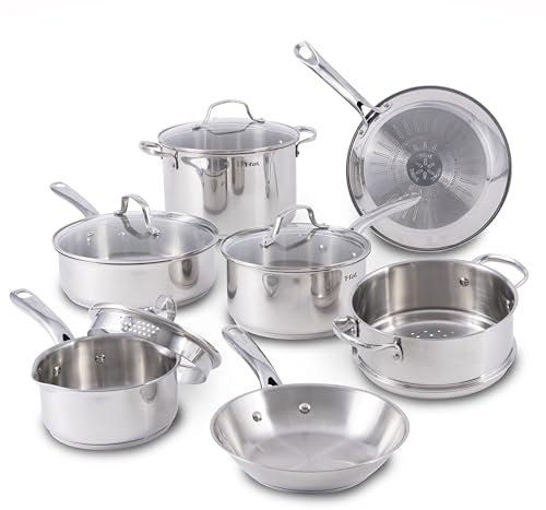 T-fal Stainless Steel Cookware Set 11 Piece, Induction, Oven Broiler Safe 500F, Kitchen Cooking Set w/Fry Pans, Saucepans, Saute Pan, Dutch Oven, Steamer, Pots and Pans, Dishwasher Safe, Silver