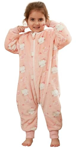 COOKY.D Unisex Flanell-Langarmschlafsack mit Füßen Dreifach-Reißverschluss,Rosa Katze,3-4 Jahre