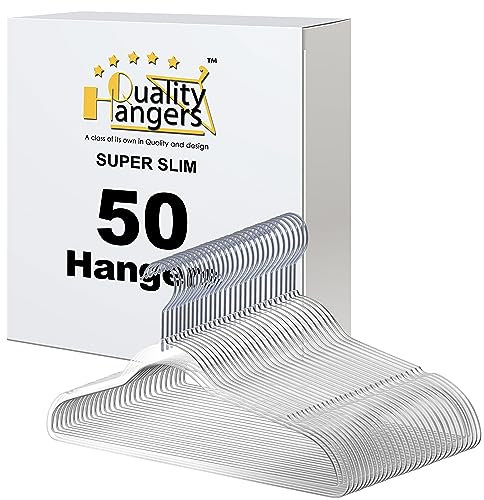 Quality Hangers Klare Kunststoff-Kleiderbügel für Kleidung | 50 Stück – 41,5 cm | Robuste, Platzsparende, Kristallklare Acryl-Kleiderbügel | 360 Grad Drehbarer Haken und Kerben