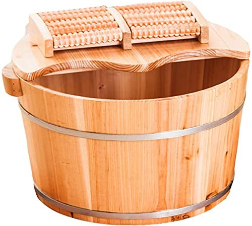SilteD Fußbad, Holzfass, Fußbecken aus Holz, Fußbecken aus massivem Zedernholz, Wanne, Eimer für Fußbad, Pediküre-Schüssel, Spa-Massage, Fußwanne aus Holz, mit Deckel mit Massagegerät Present
