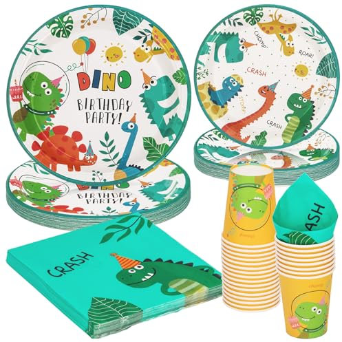 PARTY GO 96 Pcs Dinosaurs Birthday Tableware Set, Paper Plates Cups and Napkins, Disposable Dinnerware Party Supplies for Birthday Party Wedding Baby Shower Engagement Decorations Serve 24 Guests