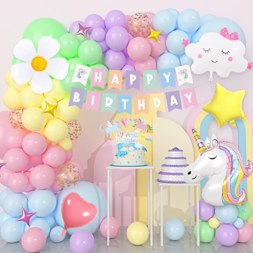 Einhorn Geburtstagsdeko Mädchen, Pastell Luftballons Einhorn Deko Kindergeburtstag mit Happy Birthday Banner, 3D Einhorn Luftballons, Geburtstag Tortendeko, Einhorn für Mädchen Party Deko
