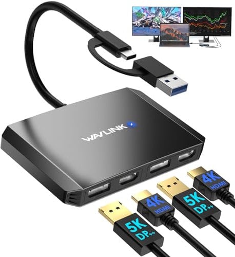 WAVLINK DisplayLink USB 3.0 or USB C to DisplayPort HDMI Adapter, Dual 5K/4K@60Hz 4IN1 Monitor Hub for Dell HP Surface, Compatible with Windows and Mac-Black