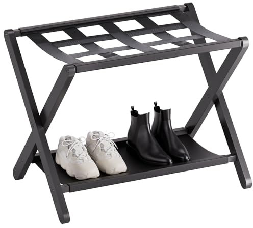 HITNET Kofferständer Schwarz, Bambus-Gepäckträger für Gästezimmer, Kofferablage mit Stoffablage, Kofferhocker für Hotel und Schlafzimmer bis 60kg