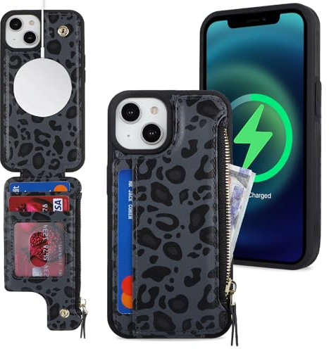 SailorTech iPhone 14 Plus Case with Credit Card Holder magsafe, iPhone 14 Plus Phone Leather Case Wallet for Women Compatible mag safe Card Slots Zipper Shockproof Case for Men - Black Leopard