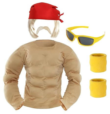 I LOVE FANCY DRESS Wrestler-Kostüm für Erwachsene, Größe XL, rotes Bandana, blonde Perücke, gelbe Sonnenbrille, gelbe Armbänder, beiger Muskelanzug, Promi-Kostüm-Zubehör-Set für Erwachsene