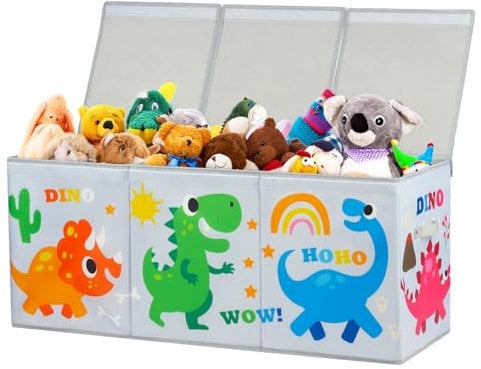 Extra Groß Aufbewahrungsbox mit Deckel Kinder, Zusammenklappbare Oxford-Spielzeugkiste mit Griff für Mädchen Jungen, Wasserdichte Spielzeug Aufbewahrung im Kinderzimmer, 96×32×40 cm (Grau Dinosaurier)
