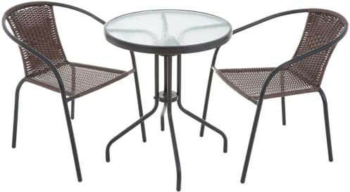 PATIO Balkonmöbel Set 3 teilig Bistro Balkontisch mit Stühlen auf Metallrahmen pulverbeschichtet Polyrattan braun