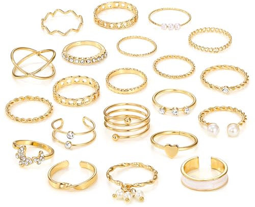 APMGONT Vintage Knuckle Rings Set für Frauen, 21 Stück Girls Stackable Offene Knöchel Rings, Einstellbare klobige Daumenringe, böhmische Perle offene Ringe GIfts für Frauen Mädchen (Gold Ring Set 2)