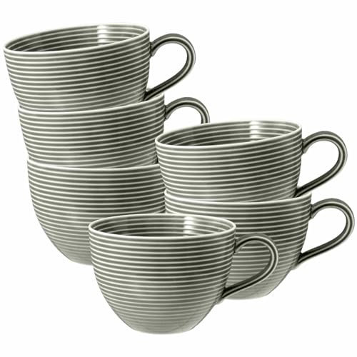 Seltmann Weiden Beat Color Glaze Milchkaffeetassen 6er Set, 350 ml, Cappuccinotassen mit Rillen-Relief, Porzellan, Perlgrau