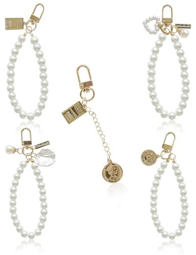 UEPOA Llavero pulsera, 5 unidades de perlas cordón corto llavero llavero universal correa de mano teléfono móvil cadena para llaves teléfono coche DIY decoración, 12cm, Plástico + aleación de zinc