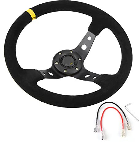 Brilluxa Volant Universel 35 cm 14 Pouces 6 Boulons Volant Course Automobile Klaxon Voiture Modification Volant Sport Daim Noir Volant Dérive Jaune