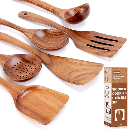 Wooden Cooking Spoons and Spatula Set, 6Pcs Wooden Kitchen Utensils for Cooking, Long Handle Natural Teak Wood Cooking Utensils Set