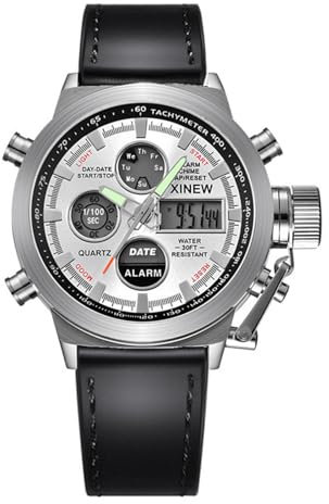 JOATVEE Uhren Herren Analog Digital Quarz Doppelte Zeitzone Armbanduhr Lederarmbanduhr Sportuhr LED Elektronische Leuchtzeiger, Alarm, Stoppuhr, Chronograph, Datum Tageskalender