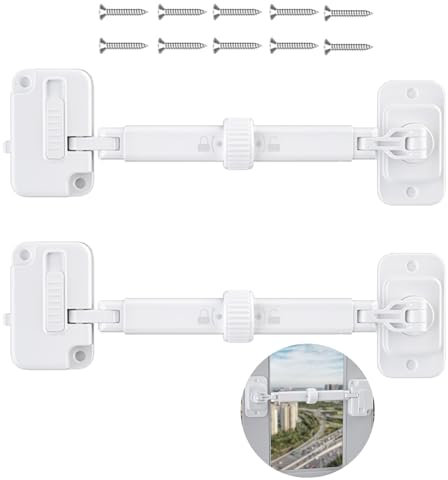 2 Pcs Child Safety Locks for UPVC, White Window Child Safety Lock Ventilation Restrictor Safety Locks No Drilling Self Adhesive Door Latch for Cats Dogs, Sash Restrictors for Baby Toddlers Pets