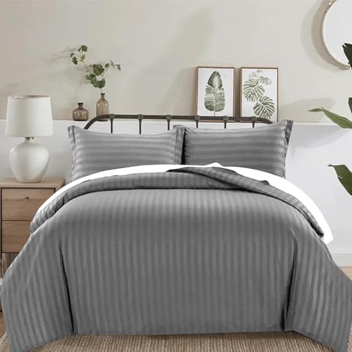 PRIME LINENS 4 Piece Duvet Cover Set Stripes Satin Quilt Cover Bedding Set with Pillowcase and Extra Fitted Sheet Included Machine Wash Hotel Quality (Grey, Super King)