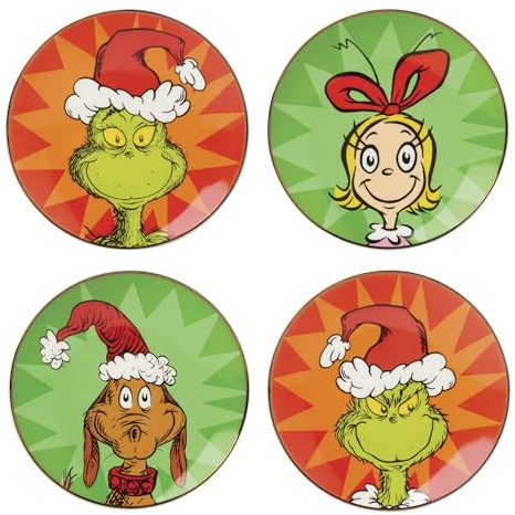 Lenox 898093 Merry Grinchmas Tidbit Plates, Service For 4, Assorted, Christmas Dishes, Dinnerware Set, Holiday