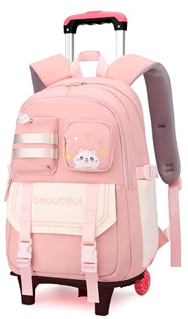 ETAISHOW Cat Print Rolling Backpack for Girls Kids Backpack with Wheels Roller Bookbag Trolley School Bag Wheeled Bag Pink