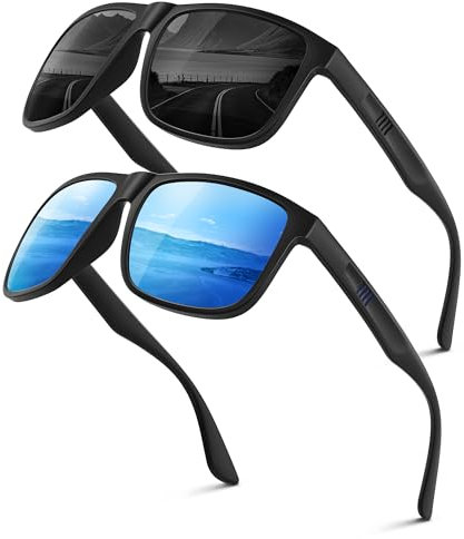 Wrimen Sonnenbrille Herren-Polarisiert-UV400 Blend Schutz-Mode-Retro-Unisex-Ultraleicht-Sonnenbrillen-Klassisch Rechteckig-Outdoor Sport Brille für Fahren Reise Angeln Schwarz-Eisblau