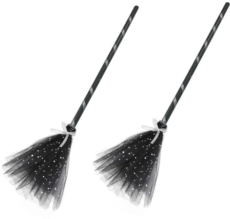 Golden Apple Halloween Witch Broom Sequin Plastic Cosplay Broom Prop for Halloween Party Cosplay, Set of 2 (Silver+Silver)