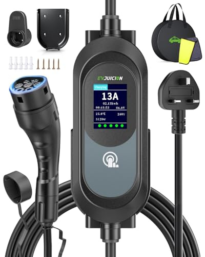 EVJUICION EV Charger 3 Pin Plug, 12M 3.1kW 6-13A 3 Pin EV Charger, Portable Electric Car Charger for up to 12H Delayed Start Charging with 2.4″ LED Screen, IP67 for EVs & PHEV