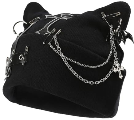 Muorruo Goth Cat Beanie, Goth Hut Zubehör Punk Cat Ear Beanie Hut für Frauen, Y2k Grunge Gothic Beanies Strickmütze Streetwear, Mütze Damen mit Kette, Für Festivals, Streetwear