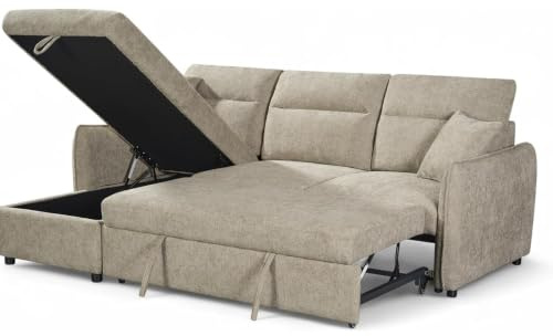 3 Seater Pull Out Sofa Bed with Storage Chaise Beige ARCHIE - Durable Fabric Left Hand Corner Sofa for Living Room - L Shaped Couch - 200 x 140 Sleeping Area, Solid Wood Frame, Accent Cushions