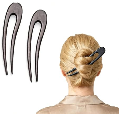 2 Pack Wooden Hair Pins for Women, U Shape Twist Hair Forks, 2 Prong Updo Chignon Clip Sticks for Women Girls All Hairstyle, Black