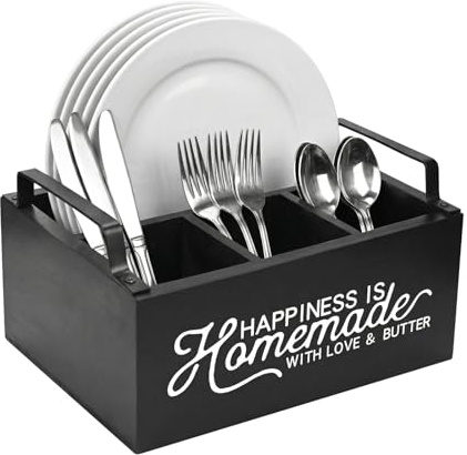 Wooden Kitchen Utensil Holder Cutlery Holder with 4 Compartment - Cutlery Organiser, Coffee Rack Storage Basket with Handle Bowls and Plates Cutlery Holder, for Countertop, Cabinet Cutlery Storage