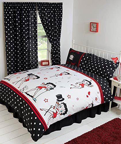 King Size Bed Betty Boop Super Star, Duvet/Quilt Cover Bedding Set Fully Reversible, Singing and Dancing Music Notes Hearts Wink Lips Kiss Pudgy Dog Lines Polka Dot, Black White Red