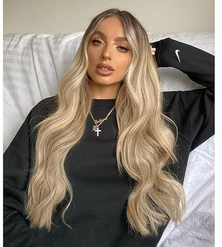 VEBONNY Honigblonde Lace Front Perücken für Frauen, Synthetische Haar Ombre Braun Blonde Perücken mit Mittelscheitel, Natürliche Wellige Perücke 22 Zoll VEBONNY-001