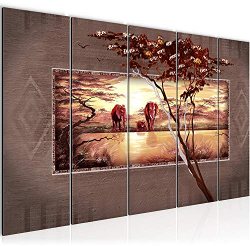 Runa Art Wandbild XXL Afrika Elefant Wohnzimmer Schlafzimmer 200 x 80 cm Beige Braun 5 Teilig - Made in Germany - 001055b