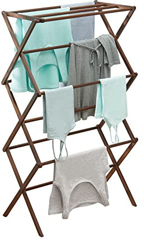 mDesign Wäscheständer aus Bambus – ausziehbarer Turmtrockner mit 3 Ebenen – platzsparender Standtrockner in modernem Design – dunkelbraun