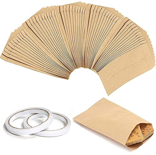 VEGCOO 150 Stück Braune Flachbeutel Papiertüten Klein 6 * 10 CM Mini Papiertüte Kleiner Umschlag Papiertüte und 2 Rollen 5mm Doppelseitiges Klebeband Samen Süßigkeiten Geschenk Nuss